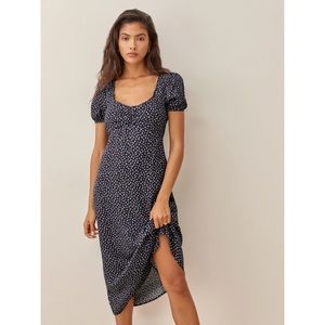 REFORMATION Navy Blue Floral Print Sweetheart Neck 'Kelby' Midi Dress